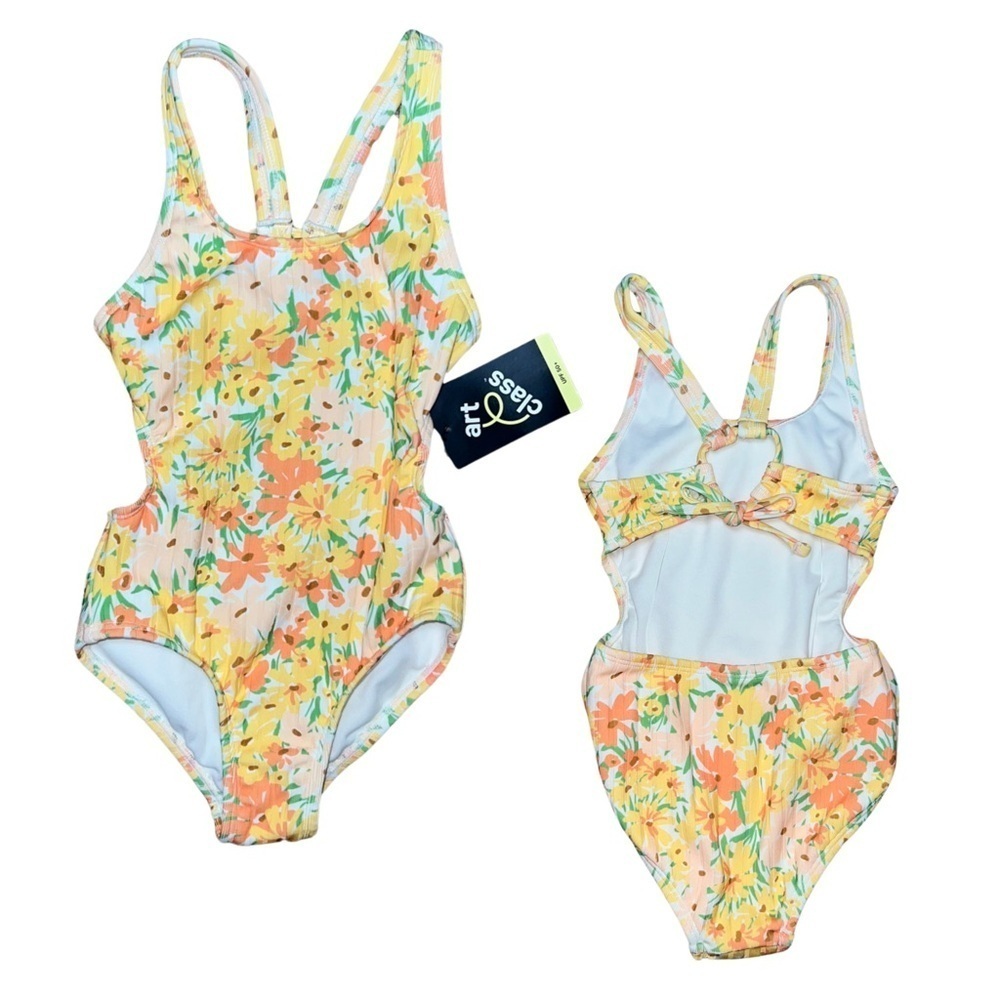 Art Class One Piece Yellow Floral Swimsuit Ribbed Bathing Suit Cut Out XS (4/5)